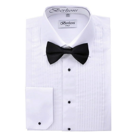 Berlioni Men's Long Sleeve Tuxedo Laydown Collar W/ Bow-tie Dress Shirt White