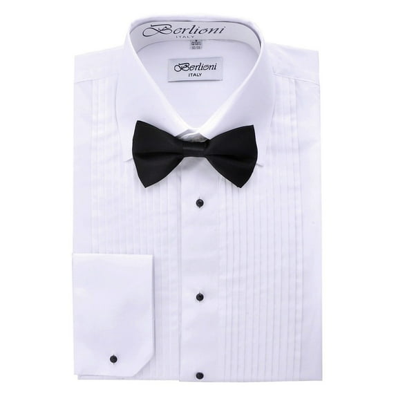 Berlioni Men's Long Sleeve Tuxedo Laydown Collar W/ Bow-tie Dress Shirt White