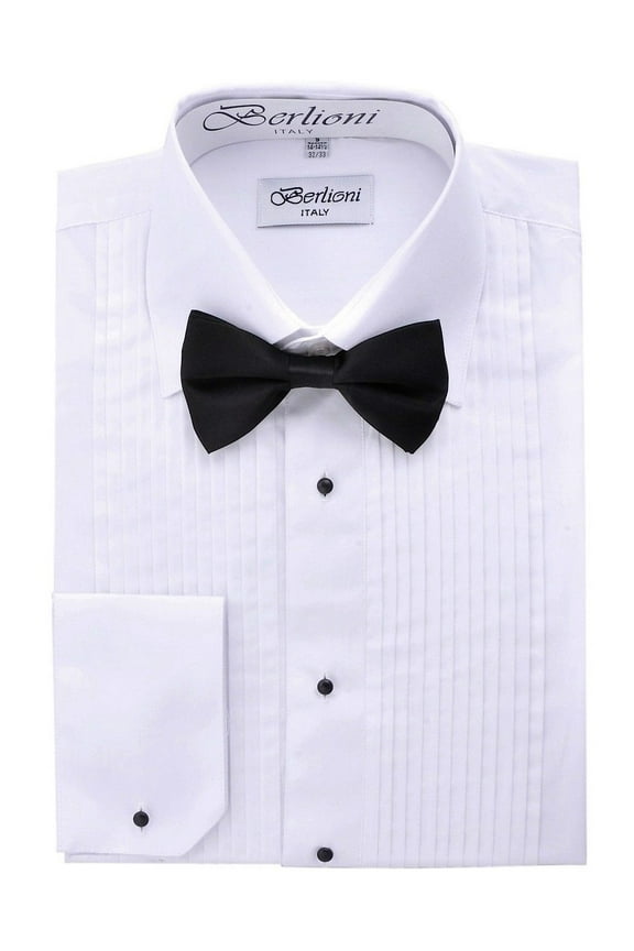 Men's Long Sleeve Tuxedo Laydown Collar W/ Bow-tie Dress Shirt White