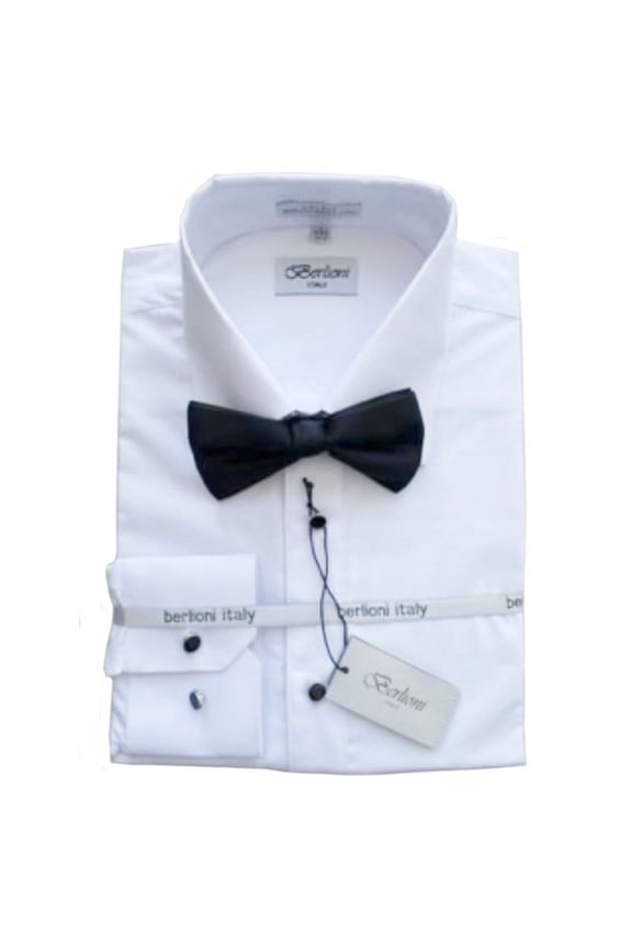 Berlioni Men’s Tuxedo Laydown Flat Front Dress Shirt Bow Tie French Cuff Convrt