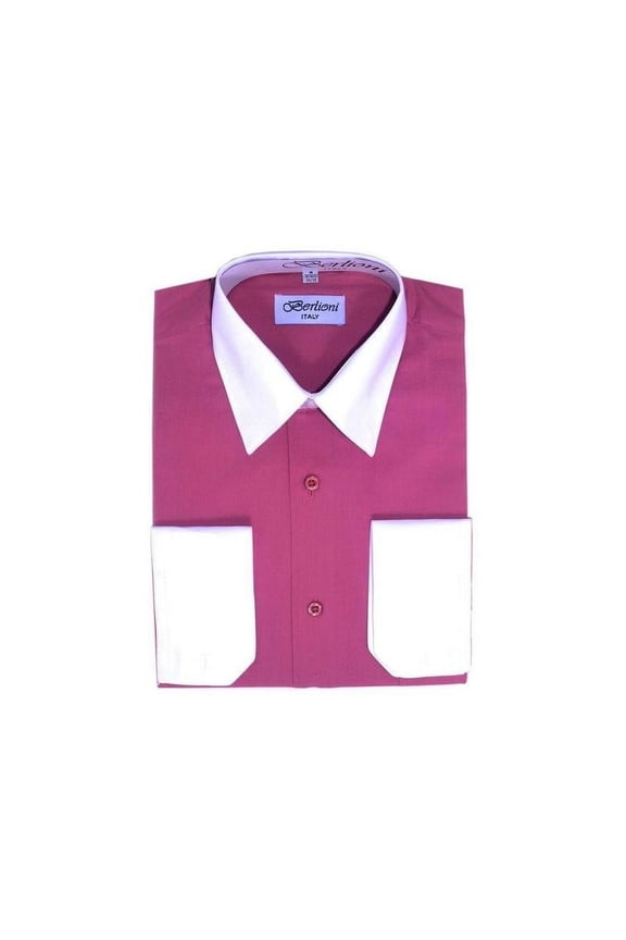 Men's Two-Tone French Convertible Cuff Button Up Dress Shirt Fuchsia Medium 32/33