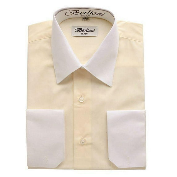 Berlioni Men's Two-Tone French Convertible Cuff Button Up Dress Shirt Off White Medium 34/35