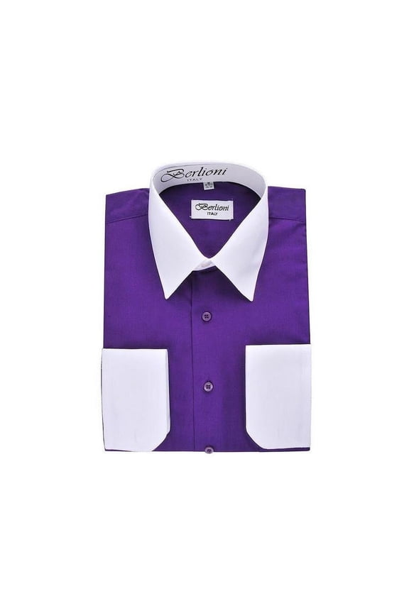 Men's Two-Tone French Convertible Cuff Button Up Dress Shirt Purple X-Large 32/33