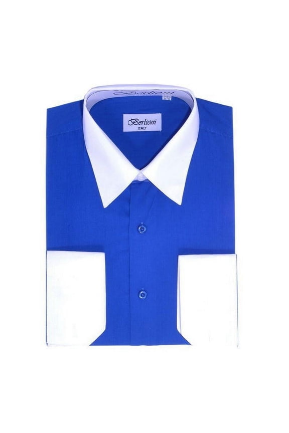 Men's Two-Tone French Convertible Cuff Button Up Dress Shirt Royal Blue Medium 34/35