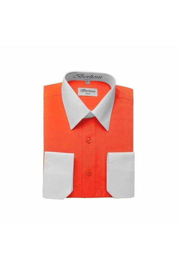 Berlioni Two Tone French Contrast Convertible Cuff Long Sleeve Dress Shirt, Men's XL 36-37, Orange