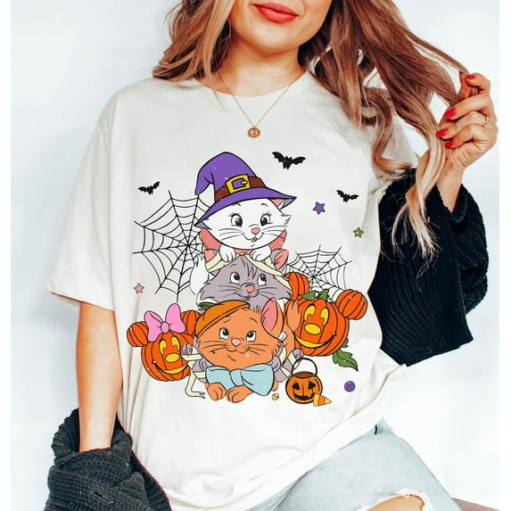 Berlioz Toulouse And Marie with Mickey Minnie Mouse Pumpkin Comfort Colors T-Shirt, The Aristocats Halloween Shirt, Disney Halloween Party,Ivory Color,Size 2XL
