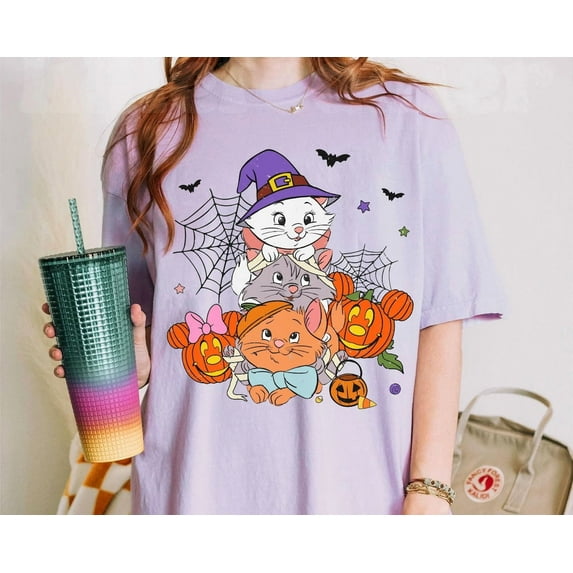 Berlioz Toulouse And Marie with Mickey Minnie Mouse Pumpkin Comfort Colors T-Shirt, The Aristocats Halloween Shirt, Disney Halloween Party,Orchid Color,Size 3XL