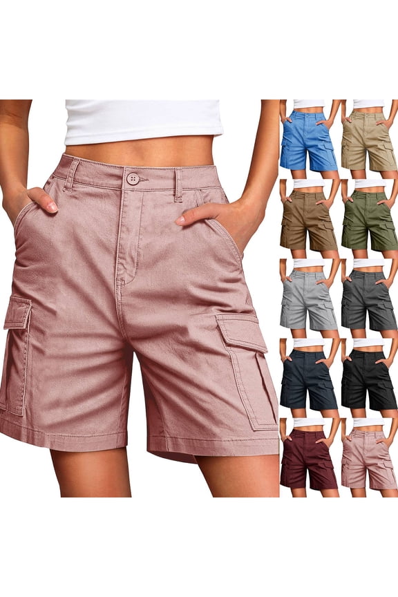 Bermuda Cargo Denim Shorts for Women Knee Length 4 Pockets Hiking Baggy Wide Leg Shorts Plus Size Elastic Waist Work Long Jorts for Summer Casual Pink M
