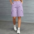 thumbnail image 1 of Bermuda Cargo Denim Shorts for Women Knee Length 6 Pockets Elastic Waist Long Jorts for Summer Casual Light Purple 2XL, 1 of 7