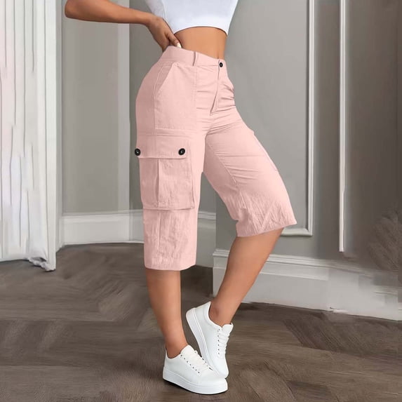 Bermuda Cargo Shorts for Women Casual High Waisted Loose Wide Leg Shorts with Pockets Pink S