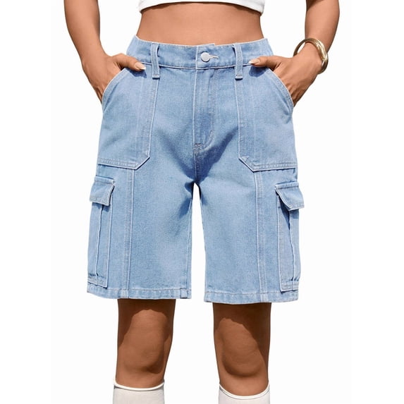 Bermuda Cargo Shorts for Women Casual Long Knee Length High Waisted Stretch Wide Leg Relaxed Fit Light Blue S