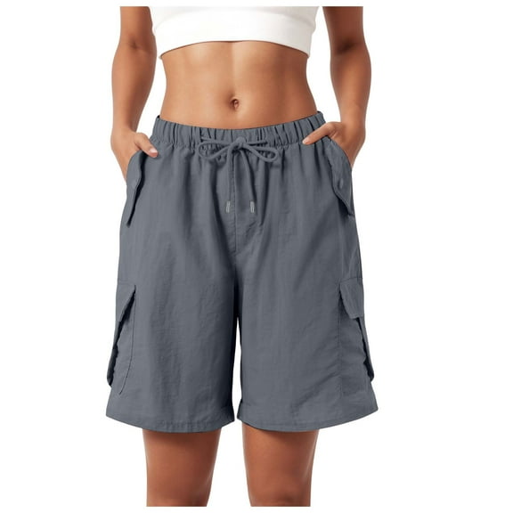 Bermuda Cargo Shorts for Women Knee Length Elastic Waist Long Shorts Summer Baggy Waterproof Hiking Short with Pocket
