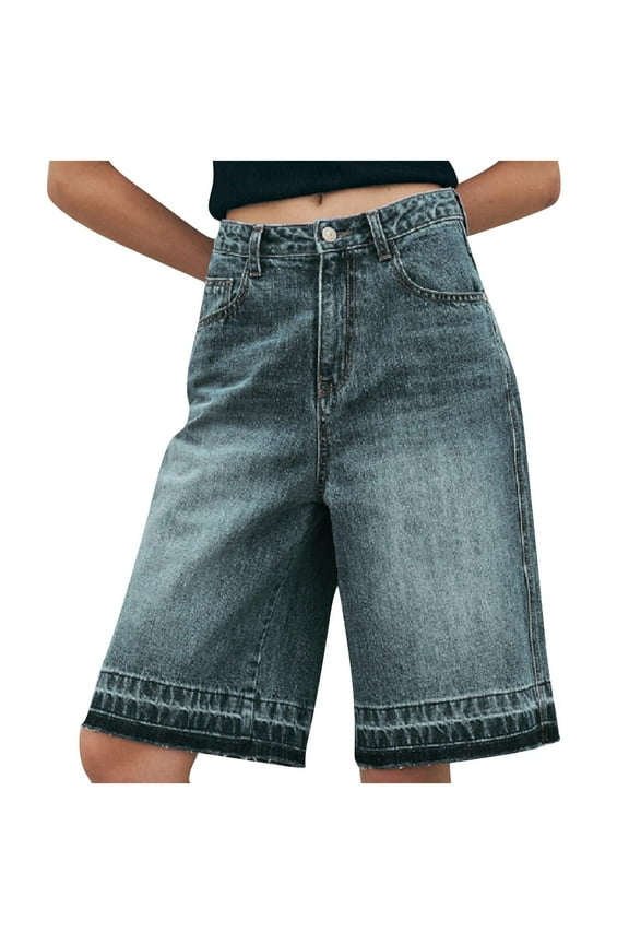 Bermuda Denim Shorts For Women High Waisted Straight Leg Jean Shorts Solid Color Carpenter Denim Shorts Knee Length Dress Shorts Loose Cargo Shorts with Pockets