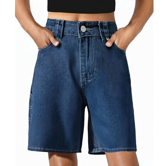 Bermuda Denim Shorts For Women High Waisted Straight Leg Jean Shorts Solid Color Carpenter Denim Shorts Knee Length Dress Shorts Loose Cargo Shorts with Pockets