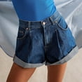 thumbnail image 1 of Bermuda Denim Shorts Women Stretch Womens High Waisted Pleated Denim Shorts Rolled Cuffs Button Zipper Comfortable Jean Shorts Streetwear Dark Blue L, 1 of 8