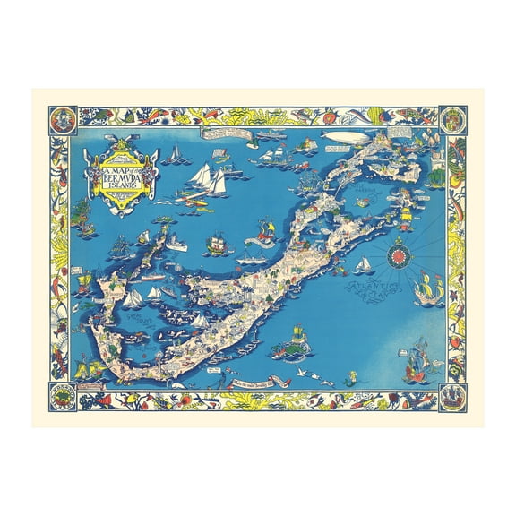 Bermuda Islands Bermuda Art, 1930 Vintage Map of Bermuda Islands Bermuda History Wall Decor Gift, Old Bermuda Islands Map - 24" x 18" Unframed Print