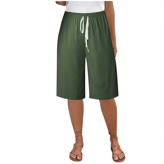 Bermuda Shorts For Women Casual Solid Cotton Linen Summer Trousers Mid Length Pants Green