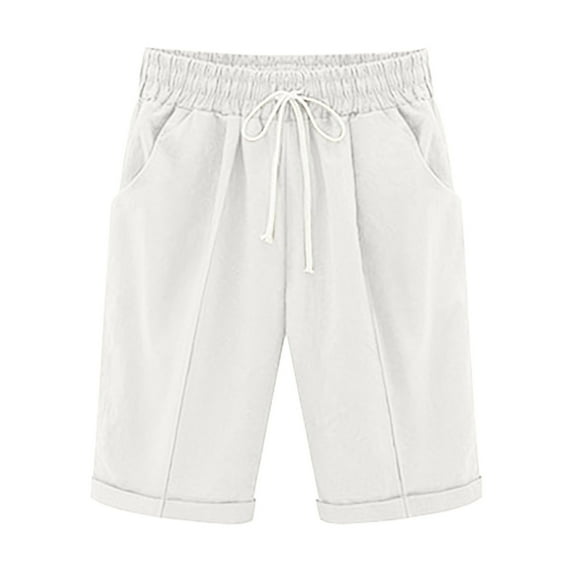 Bermuda Shorts For Women Cotton Linen Drawstring Solid Color Fashionable Temperament Shorts White