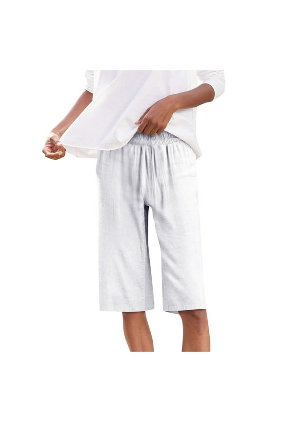 Bermuda Shorts For Women Drawstring Solid Color Pockets Solid Color Elastic Waist Shorts White