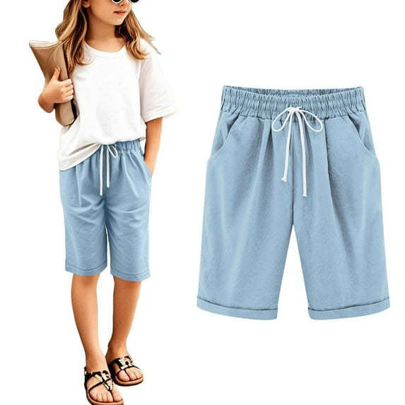 Bermuda Shorts Plus Size Girls Bermuda Shorts Knee Length Straight Leg Long Shorts Loose Casual Solid Drawstring Elastic Waist Short Pants