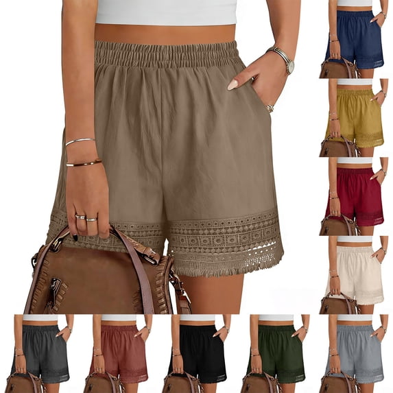 Bermuda Shorts for Women JIANLAI Fashionable Lightweight Lace-Decorated Shorts, Stretch High-Waisted Shorts, Fluffy Shorts, Summer Suit with Pockets S-XXXL Black