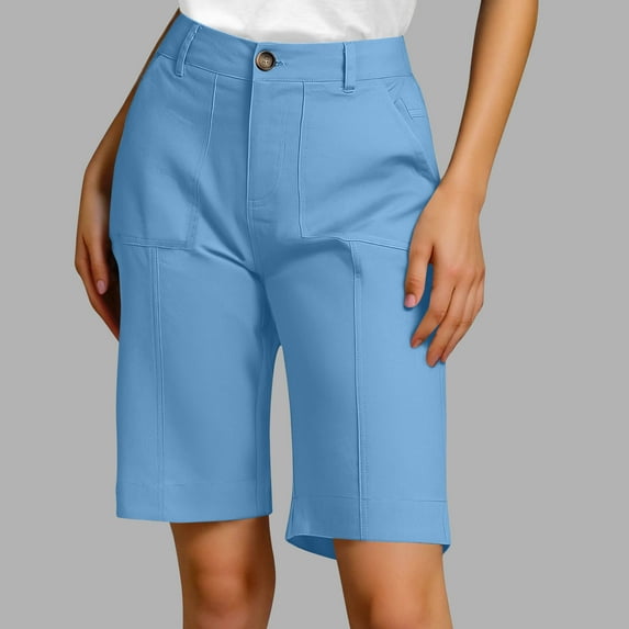 Bermuda Shorts for Women Knee Length High Waisted Cotton Elastic Wasit Summer Dressy Casual Long Chino Shorts, Limited Time Clearance Under 10 Dollars SA-437