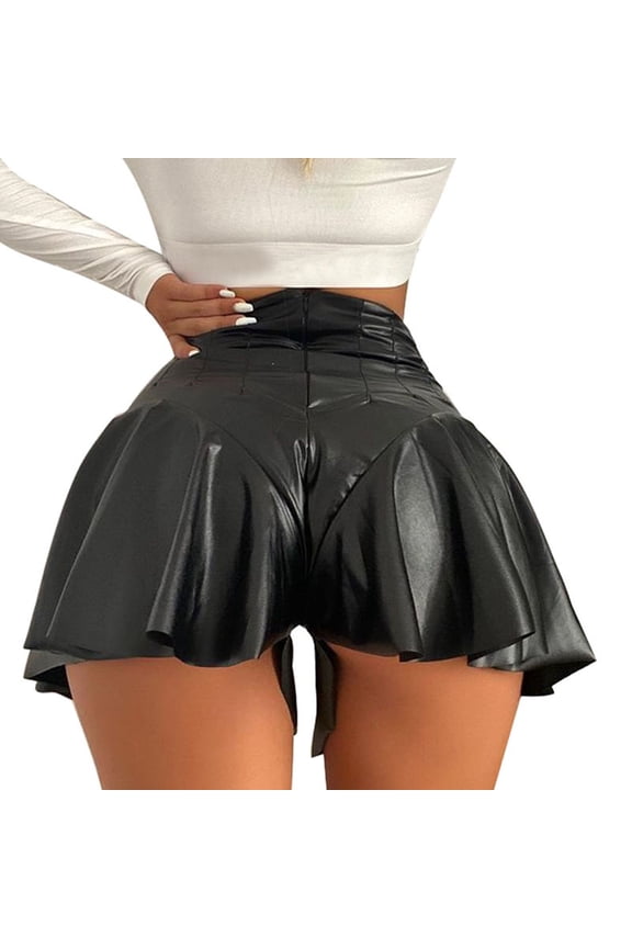 Bermuda Shorts for Women Leather Sexy Mini Skirt High Waist Pleated Ruffled Hem Hip Pleated Skort Club Fashion Streetwear Baggy Dressy Casual Womens Jorts S-XL