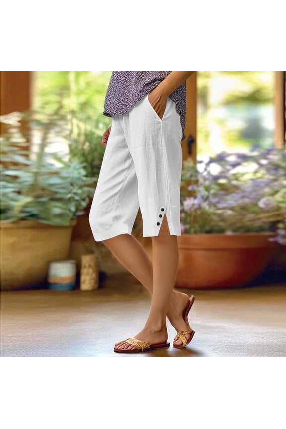 Bermuda Shorts For Women Linen Shorts Knee Length Elastic Waist Long Shorts Casual Summer Shorts Petite Capri Pants Dressy Beach Comfy Pull On Shorts With Pockets White M