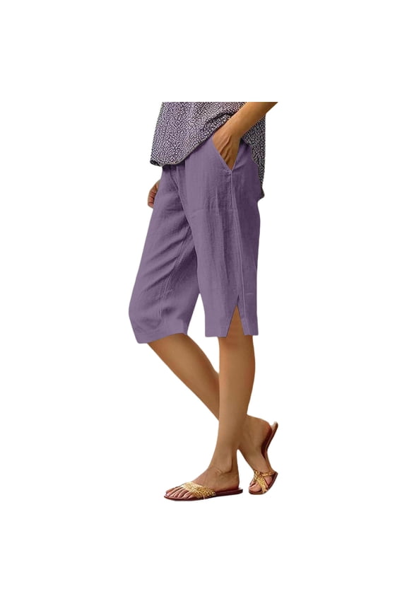 Bermuda Shorts for Women Petite Cotton Linen Knee Length High Waisted Pull On Baggy Shorts with Pockets Summer Casual Lounge Side Split Pants Purple 2XL