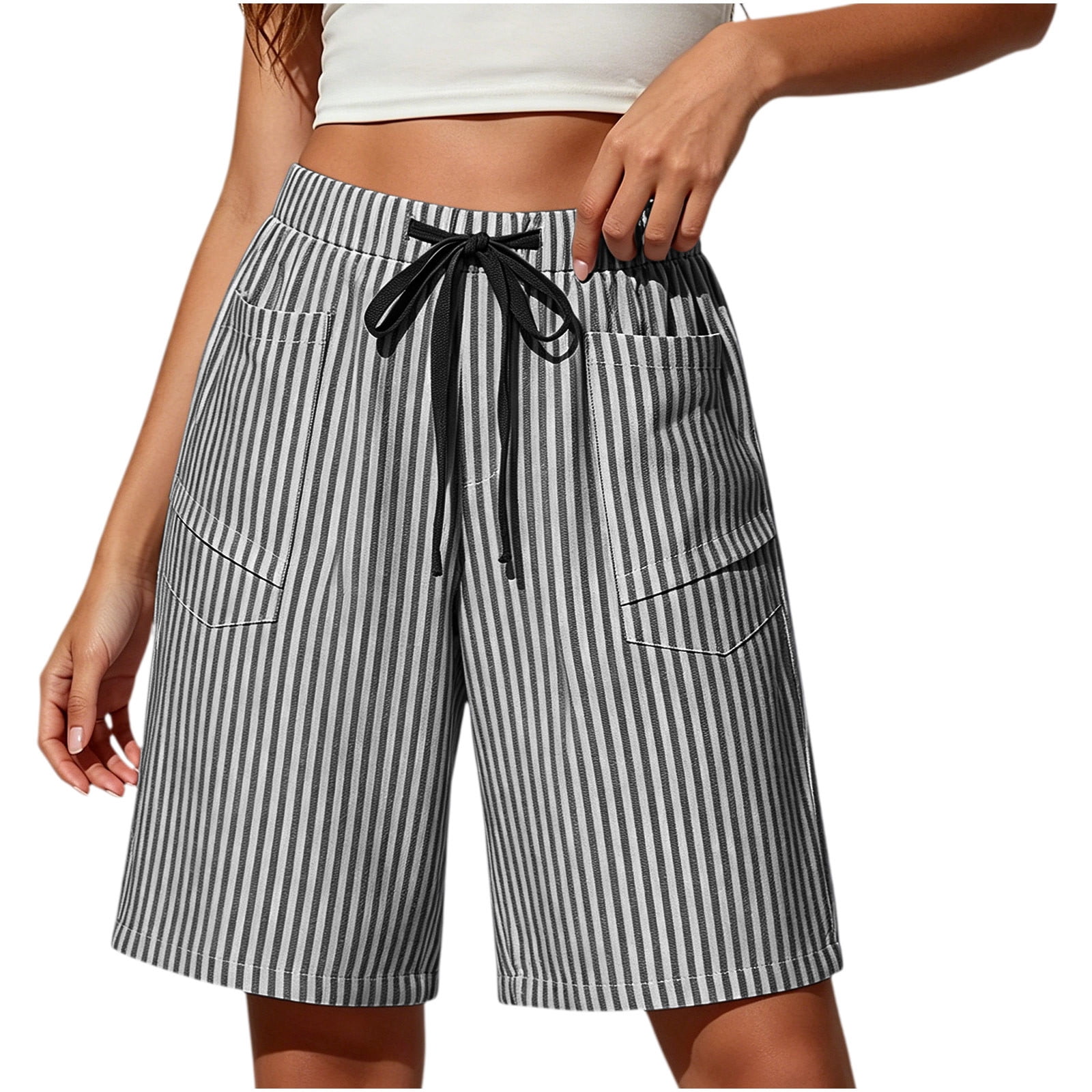People Pull Drawstring Bermuda Shorts For Women Pull On Drawstring Pocketed Knee Length Patio ...