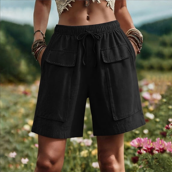 Bermuda Shorts For Women Summer Solid Pocket Knee Length Office Casual Travel Weekend Resort Everyday Style Packable Travel Choice Weekend Ready Look Black L