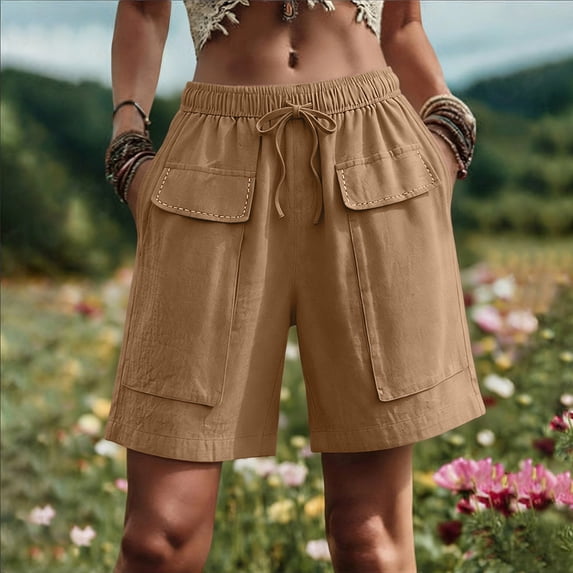 Bermuda Shorts For Women Summer Solid Pocket Knee Length Office Casual Travel Weekend Resort Everyday Style Packable Travel Choice Weekend Ready Look Khaki L
