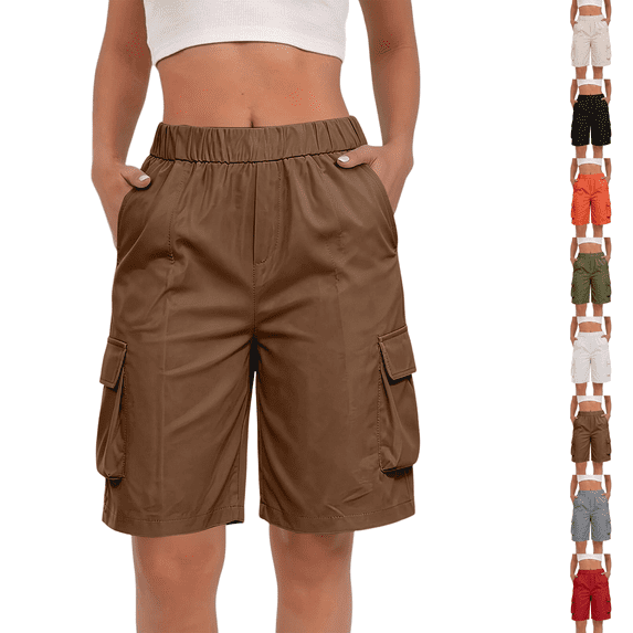 Bermuda Shorts Womens Cargo Shorts with Pockets Pull on High Waisted Summer Walking Workout Hiking Athletic Petite Knee Length Long Shorts Khaki S