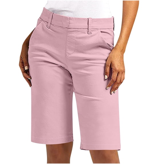 Bermuda Shorts Womens Plus Size Cotton Twill Stretch Summer Long Shorts with Pockets Dressy Casual Pant, Pink|Knee-Length S