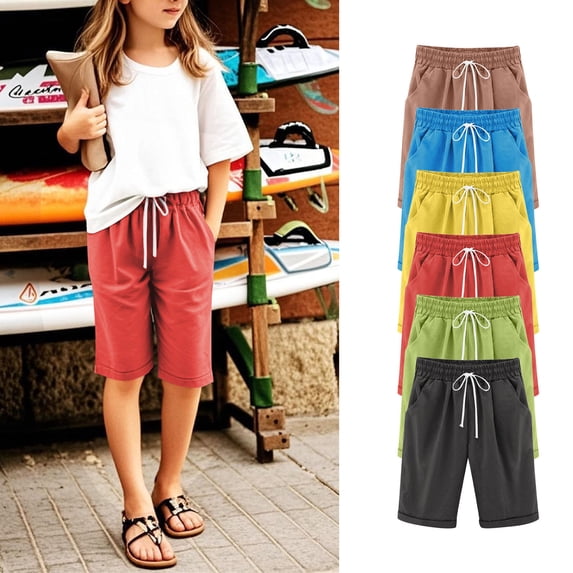 Bermuda Shorts for Girls Knee Length Cute Preppy Shorts with Drawstring Adjustable Waist Linen Cotton Shorts Watermelon Red 7-8Years