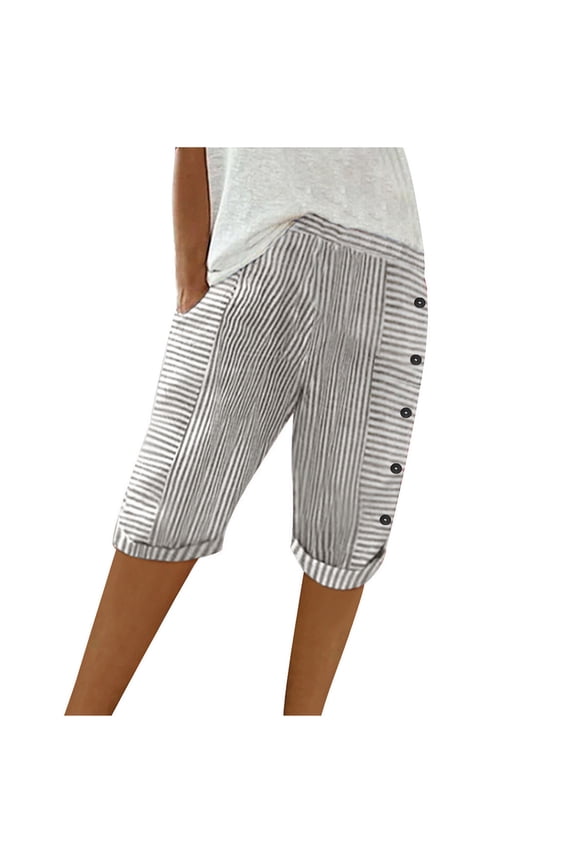 Bermuda Shorts for Women 2024 Summer Striped Capris Elastic Waist Buttons Side Knee Length Casual Pants with Pockets