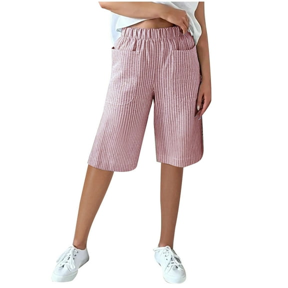 Bermuda Shorts for Women 2024 Summer Striped Capris Elastic Waist Straight Leg Knee Length Casual Pants with Pockets