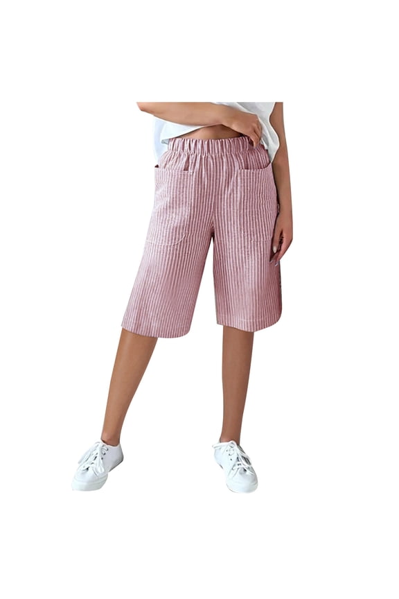 Bermuda Shorts for Women 2024 Summer Striped Capris Elastic Waist Straight Leg Knee Length Casual Pants with Pockets