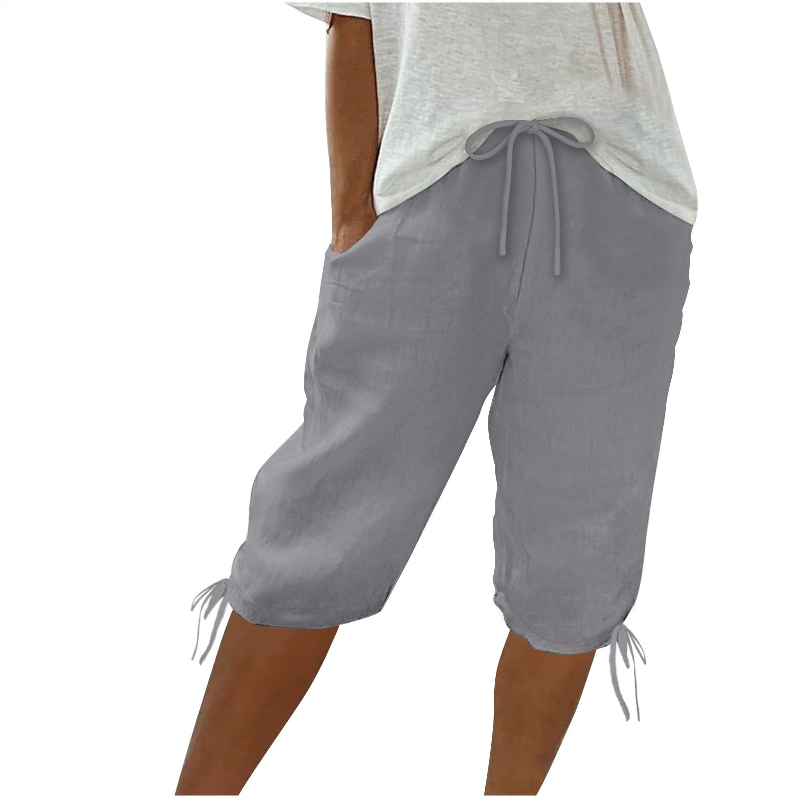 Bermuda Shorts for Women 2025 Knee Length Cotton Linen Elastic Waist ...