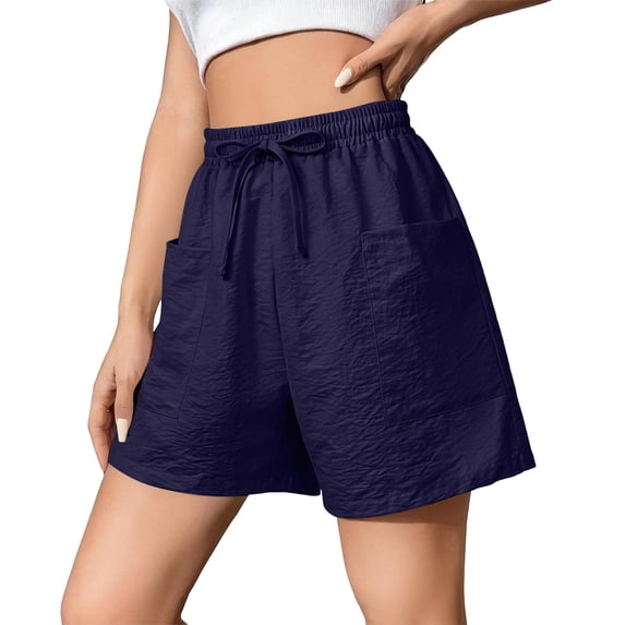 Bermuda Shorts for Women 7 Inch Inseam Drawstring Short High Waisted Lightweight Short Beach Vacation Outfits Pockets Blue S