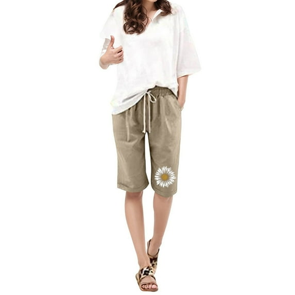 Bermuda Shorts for Women Bermuda Shorts for Women Floral Knee Length Elastic Waist Drawstring Loose Wide Leg Shorts Summer Trendy Casual Shorts S-5XL