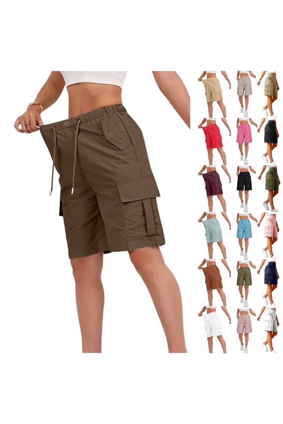 Bermuda Shorts for Women Cargo 2026 Summer Casual High Waisted Shorts Outdoor Beach Vacation Clothes with Pockets Coffee 2XL