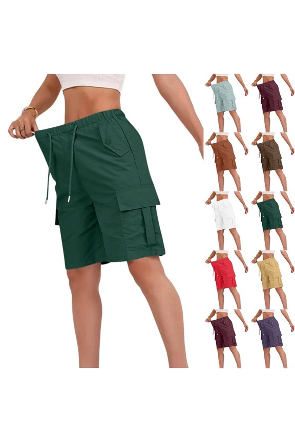Bermuda Shorts for Women Cargo 2026 Summer Casual High Waisted Shorts Outdoor Beach Vacation Clothes with Pockets Dark Green S