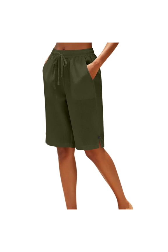 Bermuda Shorts for Women Cotton Linen Knee Length Long Shorts,Casual Elastic Waisted Drawstring Side Split Button-Up Shorts Summer Green-a XXL