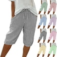 thumbnail image 1 of Bermuda Shorts for Women Drawstring Elastic High Waisted Stripe and Gingham Wide Leg Beach Shorts with Pockets Featuring Relaxed Fit Cuts Red XXXL, 1 of 9