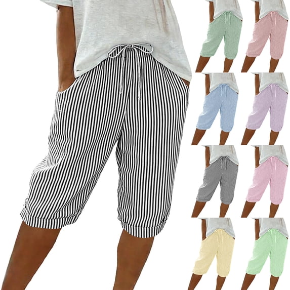 Bermuda Shorts for Women Drawstring Elastic High Waisted Stripe and Gingham Wide Leg Beach Shorts with Pockets Featuring Relaxed Fit Cuts Red XXXL