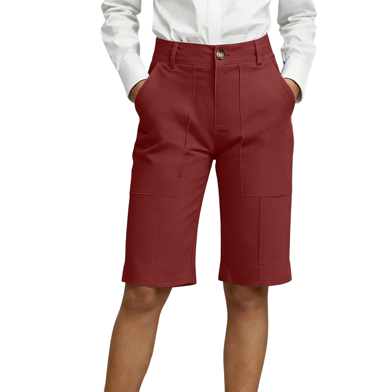 womens long dress shorts YYDGH Women Business Casual Button Dress Shorts High Waist Wide Leg Pleated  Shorts Summer Solid Bermuda Shorts with Pockets Black S