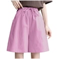thumbnail image 1 of Bermuda Shorts for Women Elastic High Waisted Loose Fit Casual Solid Drawstring Cotton Linen Wide Leg Baggy Comfy Athletic Loungewear Short, 1 of 4