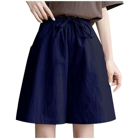 Bermuda Shorts for Women Elastic High Waisted Loose Fit Casual Solid Drawstring Cotton Linen Wide Leg Baggy Comfy Athletic Loungewear Short