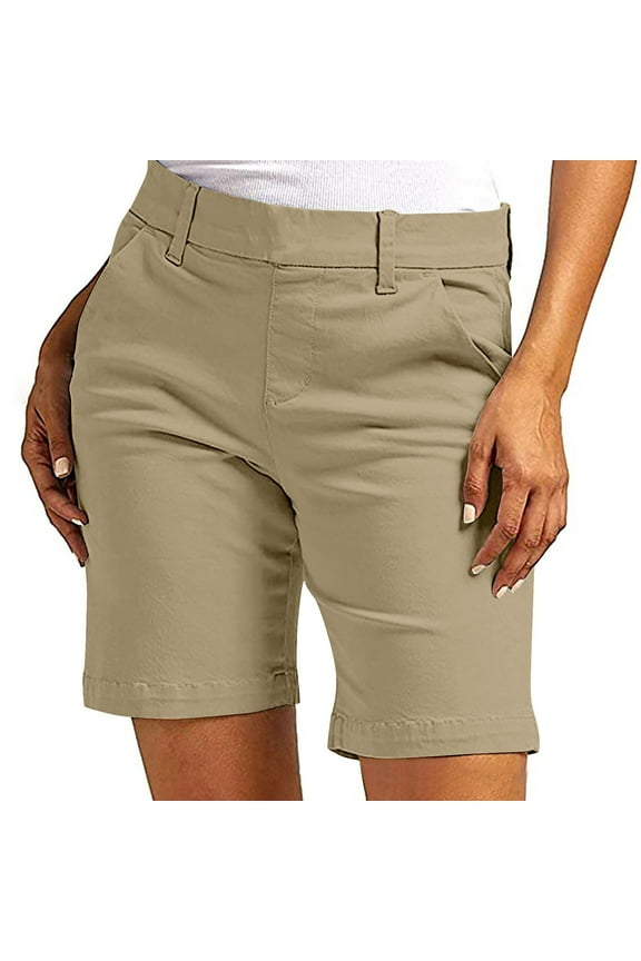 Bermuda Shorts for Women Fashion Straight Leg High Waisted Chino Summer Vacation Shorts with Pockets Khaki S